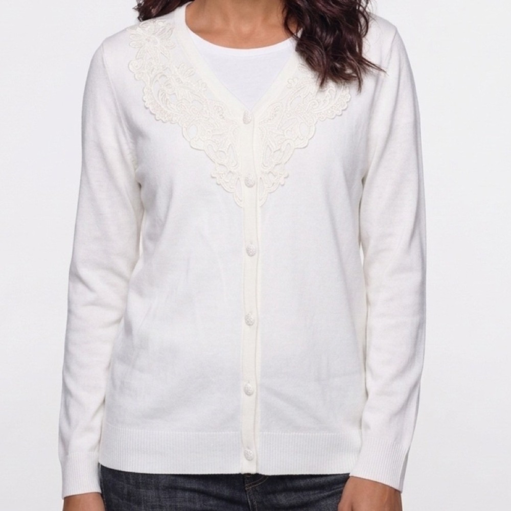 Drapers & Damons Cardigan Women PL White Lace V-Neck Knit Button Front Classic